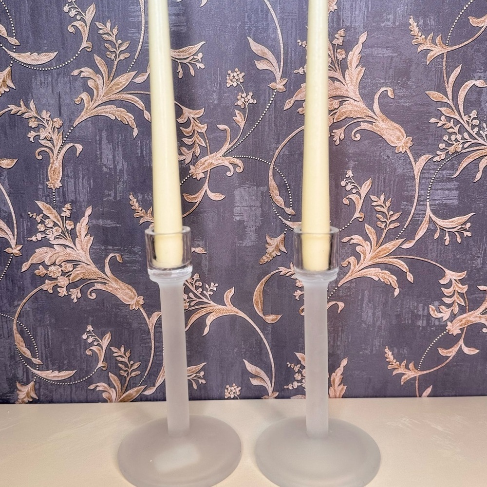 Pair Vintage Clear and Frosted Glass Candlestick Holders